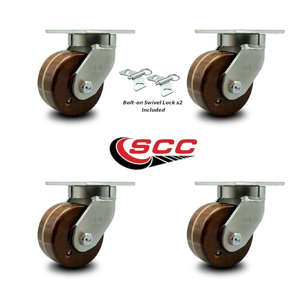 6 Inch Heavy Duty High Temp Phenolic Swivel Caster Set with 2 Swivel Locks SCC